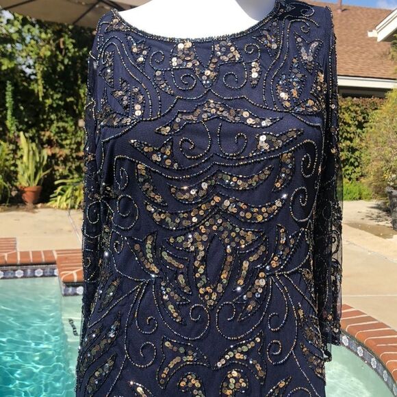 Pisarro Nights Navy & Gold LongSleeve Gown Sz4 - Picture 4 of 8